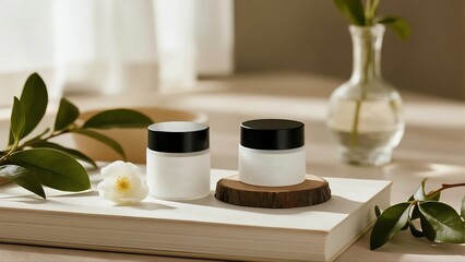 Photography of Skincare Jars with Black Lids and White Bottles