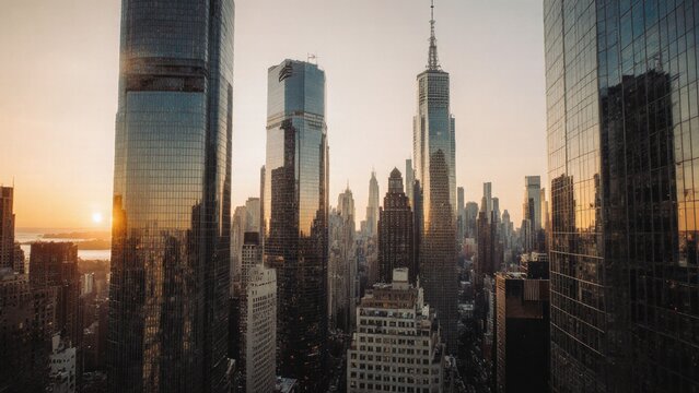 Modern city skyline with tall glass skyscrapers during sunset in New York City featuring the empire state building and other iconic buildings with golden sunlight reflecting off windows