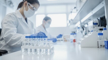 Female scientist or researcher wearing protective face mask gloves and lab coat working with test tubes and laboratory equipment in a modern science laboratory setting