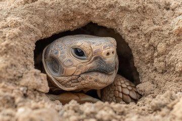 
Desert tortoise burrowing into sandy soil 