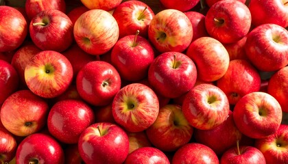 High-angle close-up shot of many ripe, red apples, vibrant and glossy, filling the frame; healthy, fresh, autumnal mood.