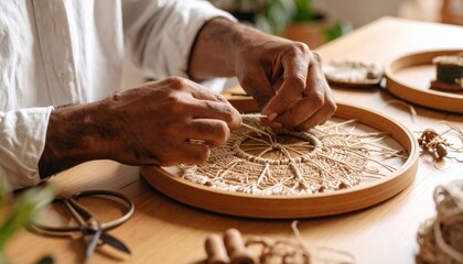 Hands Weaving Patterned Design On Wooden Frame