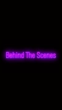 Glowing neon sign reading behind the scenes against black background. Behind the scenes film production animation.