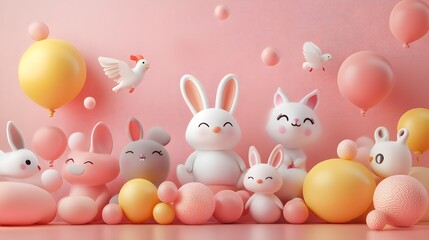 Adorable Bunny Figurines with Colorful Balloons and Playful Atmosphere