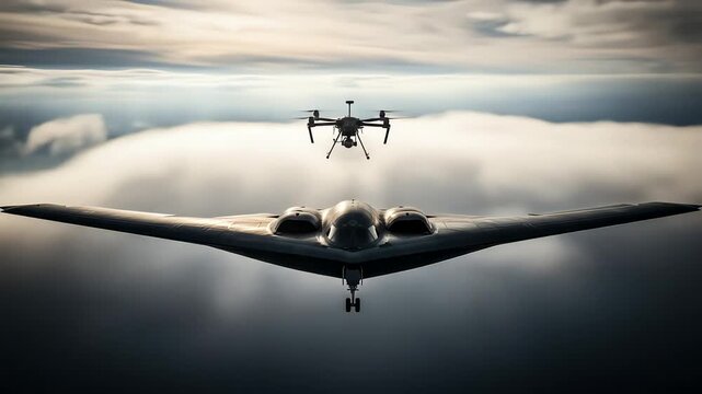 Advanced Aerial Surveillance: A Drone Tracks a B-2 Stealth Bomber Flying Through Dramatic Clouds