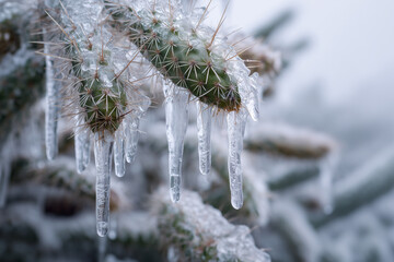 Frozen cactus icicles after a winter storm