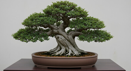 Classic bonsai tree with a thick, artistic trunk and vibrant green canopy, displayed indoors