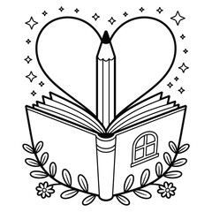 Open Book with Pencil Heart Coloring Page Illustration