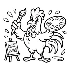 Funny Rooster Artist with Paintbrush and Palette Coloring Page
