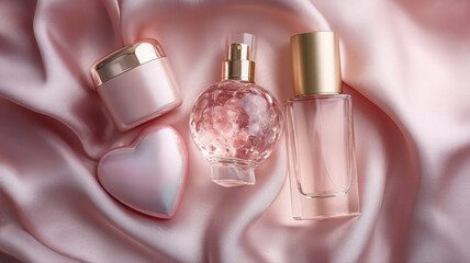 Luxury Valentine&rsquo;s flat lay with skincare and fragrance in heart-shaped packaging