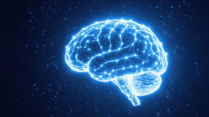 Digital illustration of a glowing blue human brain with interconnected neural network pathways glowing brightly inside a dark space background filled with stars and cosmic particles