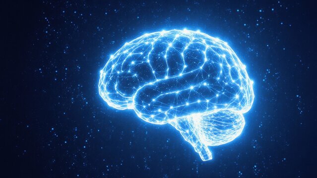 Digital illustration of a glowing blue human brain with interconnected neural network pathways glowing brightly inside a dark space background filled with stars and cosmic particles