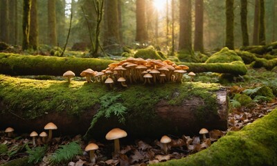 Obraz premium Magical forest floor showcases vibrant mushroom cluster growing on mossy log with golden sunbeams filtering through trees.
