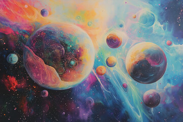 Abstract cosmic illustration of planets and nebulae