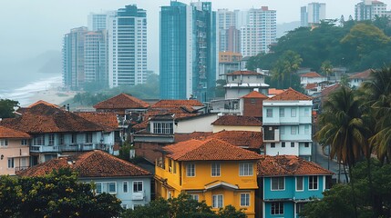 colorful tiled roof houses on hillside with modern skyscrapers coastal city background for depicting vibrant essence architectural diversity urban living by the sea concept