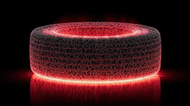 Abstract glowing red wireframe ring with reflective surface illuminated on a dark background