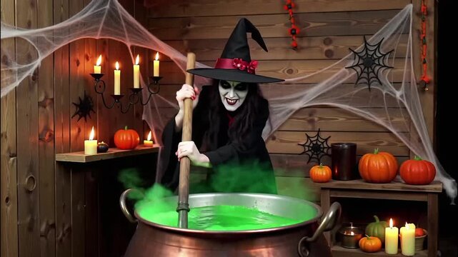 A scary witch stirring a bubbling potion in a cauldron, surrounded by Halloween decorations