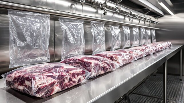 Packaged Meat Products in a Modern Food Processing Facility with Sterile Environment and Vacuum Sealed Bags