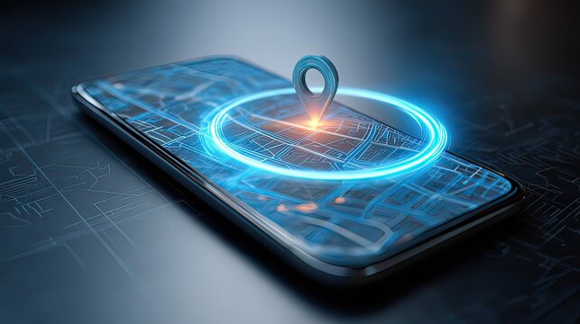Modern Smartphone Displaying Location Pin on Digital Map Interface with Futuristic Design Elements and Bright Colors - Powered by Adobe