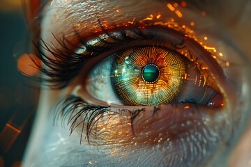A macro shot of a futuristic bionic eye with a complex, glowing digital iris. Human augmentation at its peak, with technology granting superhuman vision and the ability to perceive digital information