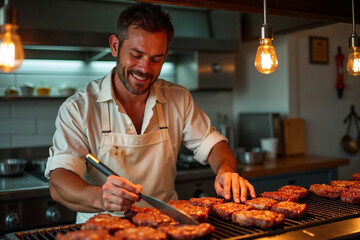 Man Grilling Meat on an Outdoor BBQ Grill