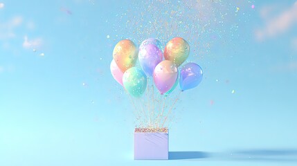 Colorful Balloons Escape from Gift Box with Glitter on Bright Blue Background for Celebration Themes