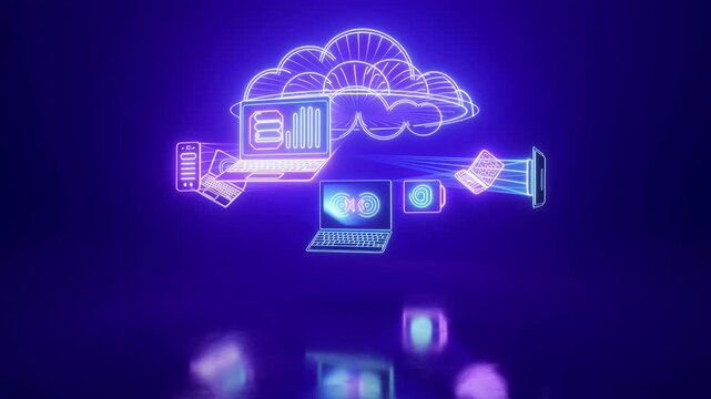 Glowing Laptop Tablet and Smartphone Connected to Neon Cloud with Bright Data Streams Reflections on Glossy Surface Multi Device Cloud Sync Concept