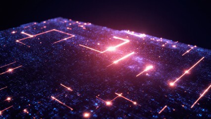 Digital clock face with glowing lines and dots representing stars and night sky in a cosmic universe background illuminated with vibrant pink purple and blue hues