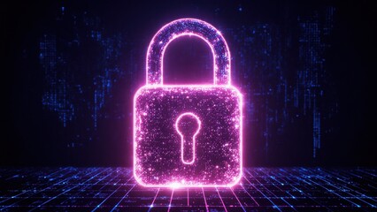 Neon pink glowing padlock lock icon glowing with sparkles digital futuristic cyber security hologram virtual safety secure technology access security symbol digital lock concept