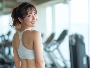 Fototapeta premium ジムで振り向き笑顔を見せるスポーツウェアの日本人美女