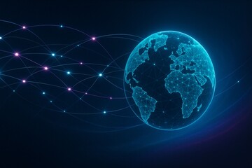 Fototapeta premium Global Network Routes with Wireframe Earth (Copy Space Left)