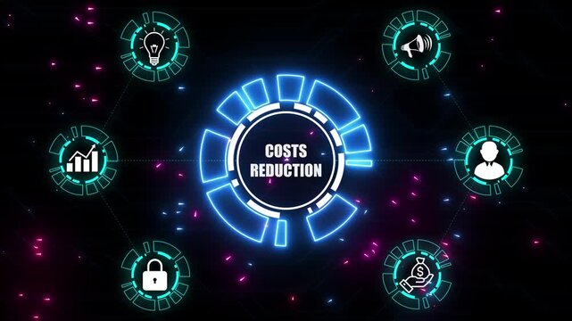 Animated neon costs reduction iconography with business and financial symbols