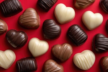 Obraz premium Variety of gourmet chocolates sit on bright red surface, high angle view. Great for Valentine's Day cards, romantic gestures, or sweet food blogging.