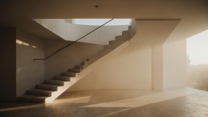 Obraz premium Minimalist indoor space with a modern concrete staircase in a neutral-colored room illuminated by natural sunlight on a bright day