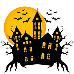 halloween background with haunted house, bats, full moon and trees on transparent background, vector illustration. Halloween themed design for wallpaper, print, decoration, card, poster, banner, etc.