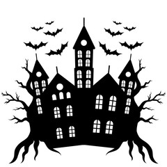 Black silhouette of a creepy house or castle trees bats on transparent background, png. halloween castle with bats
spooky halloween house, vector illustration.
