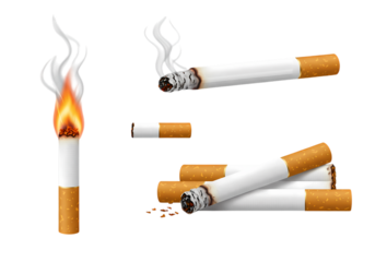 Smoking Cigarette Collection Burning Extinguished and Pile of Cigarettes  Isolated on White Background isolated on transparent background