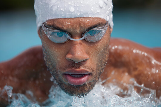 A man in a swim cap and goggles is swimming in a pool