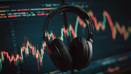 Music of Market Data: A pair of sleek headphones rests against a backdrop of fluctuating stock market charts, creating a visual dialogue between sound and the financial world.