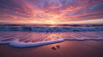Obraz premium barefoot prints disappearing into ocean waves, vibrant sunset with layered purple orange and pink clouds, silky water surface reflecting dramatic sky colors, wet sand capturing golden hour light,