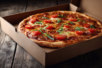 A pizza is sitting in a cardboard box on a wooden table