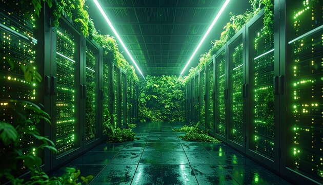 Green data center with lush plant growth, symbolizing sustainable technology and eco-friendly computing infrastructure. - Powered by Adobe