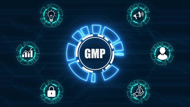 Good manufacturing practice certification quality control on virtual screen. GMP, business insights from large data sets, Animated data analytics banner web icon