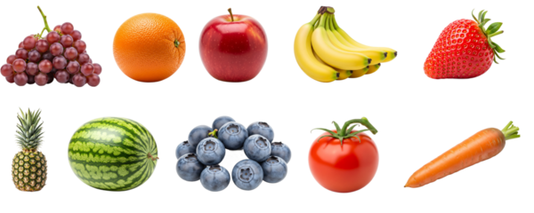 Healthy Assortment of Fresh Fruits and Vegetables on White Background