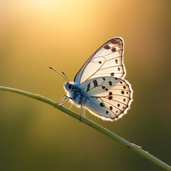 Fototapeta premium White Butterfly on Green Stem with Brown Spots and Black Antennae