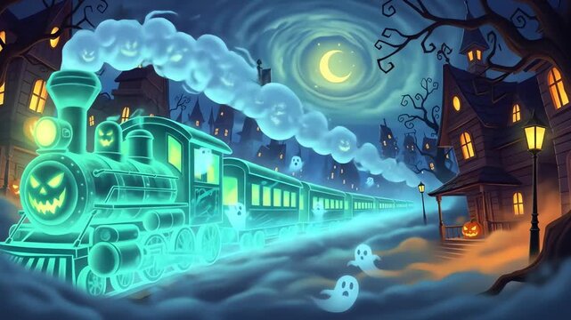 A glowing blue ghost train with Jackolantern faces travels through a spooky town at night