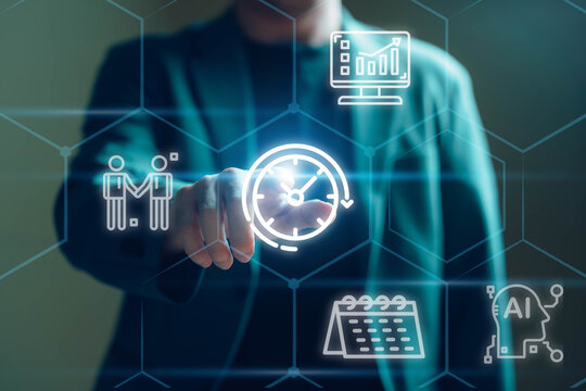 Business person with time management activity to improve productivity, process optimization and lean organization. Business and production improvement by time and resource planning for more profit.