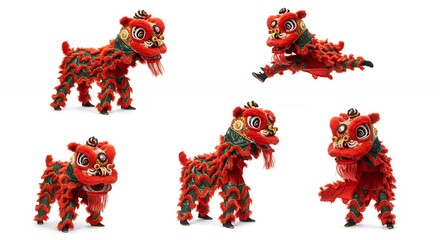 Red lion dance figurines isolated on white background