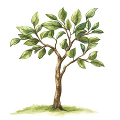 Obraz premium Watercolor Tree with Lush Green Leaves and Detailed Brown Trunk