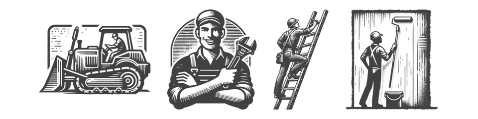 Vintage Hand-Drawn Construction Worker Illustration, Driving Bulldozer Engraved Vector for Heavy Machinery and T-Shirt Design